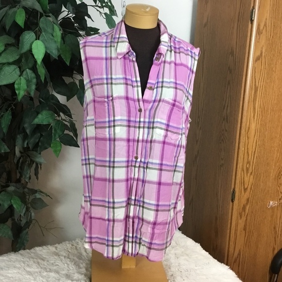 NORTHCREST 1X sleeveless buttondown top pink plaid - Picture 1 of 13